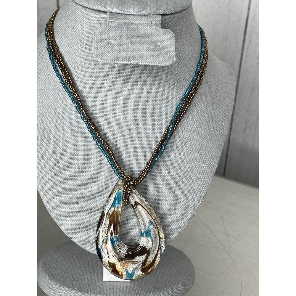 Dichroic Glass Necklace Brown Blue Foil Teardrop Pendant Beaded
